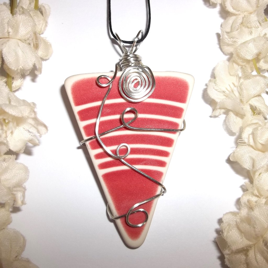 Red & Silver Necklace Handmade Beach Pottery Wire Wrapped Pendant Jewelry C088